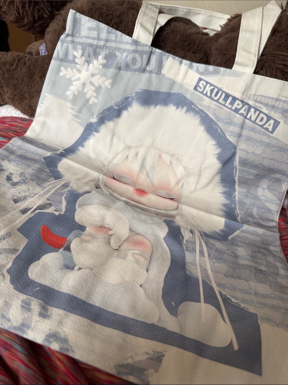 White & Blue Holiday Tote Bag - Cute Winter Illustration with SKULLPANDA